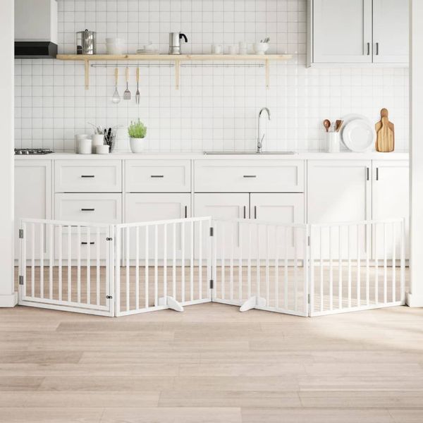 vidaXL Brána pre psa s dverami sklad. 4pan. biela 320cm topoľové drevo