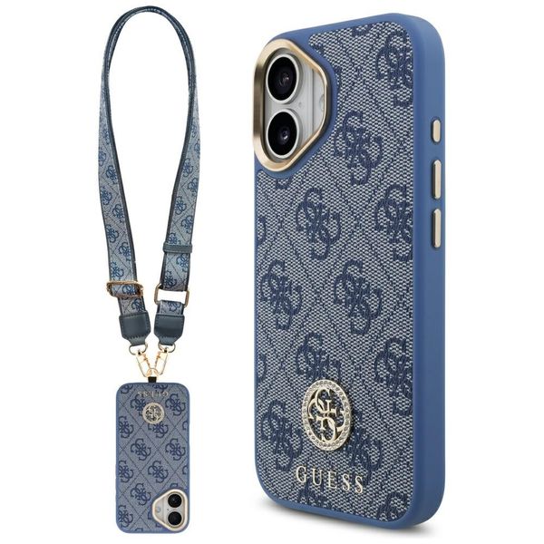 Guess 4G Strass Logo & Big Strap kovové gombíky MagSafe puzdro pre iPhone 17 modré