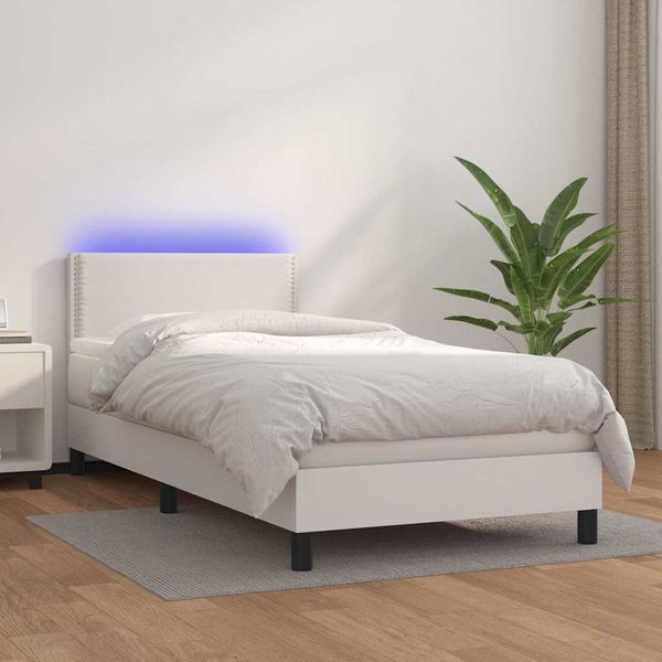 vidaXL Boxspring posteľ s matracom a LED biela 90x200 cm umelá koža