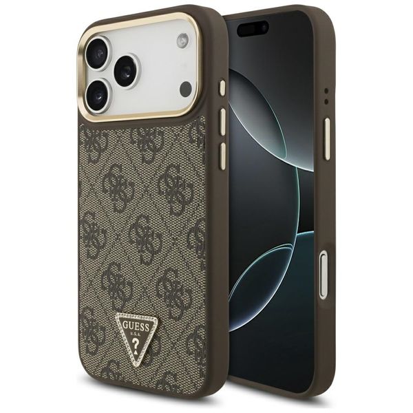 Púzdro Guess Magsafe 4G PU Leather Case s trojuholníkovým logom a zlatým kovovým rámom fotoaparátu pre iPhone 17 Pro Max čierna