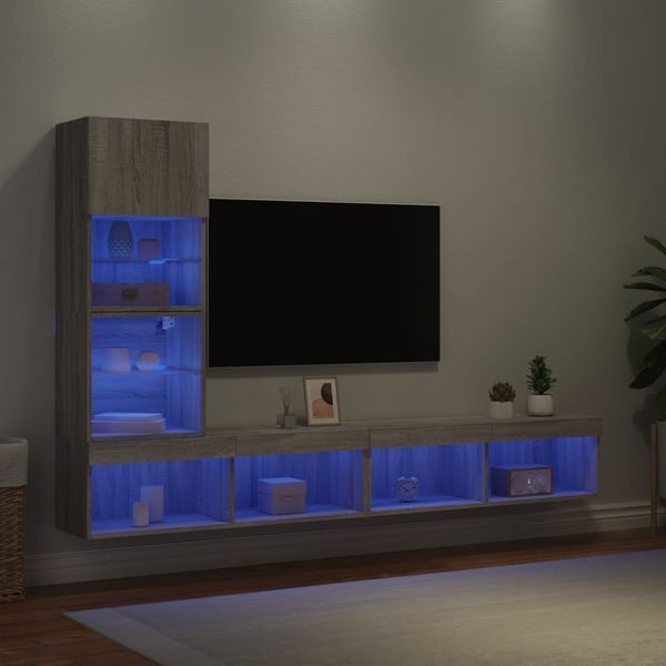 vidaXL 4-dielne TV nástenné skrinky s LED sivé sonoma kompozitné drevo