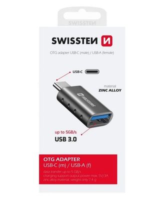 SWISSTEN OTG ADAPTER USB-C(M)/USB-A(F) Adaptér, USB-C na USB, 5Gb/s, 3A, šedý