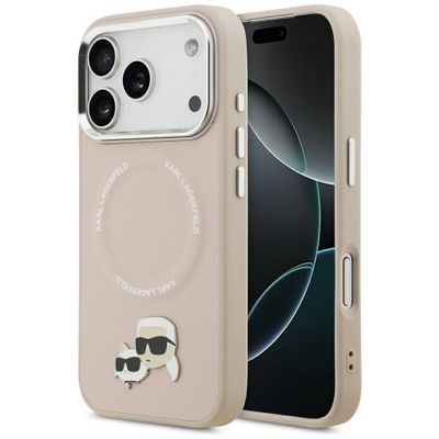 Puzdro Karl Lagerfeld Magsafe PU s kolíkmi Karl&Choupette heads a kovovými tlačidlami fotoaparátu pre iPhone 17 Pro Max béžové