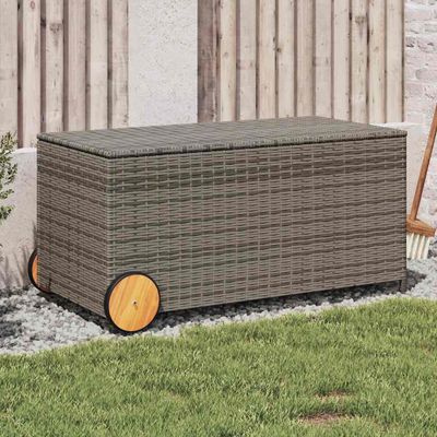 vidaXL Záhradný úložný box s kolieskami sivý 190 l polyratan