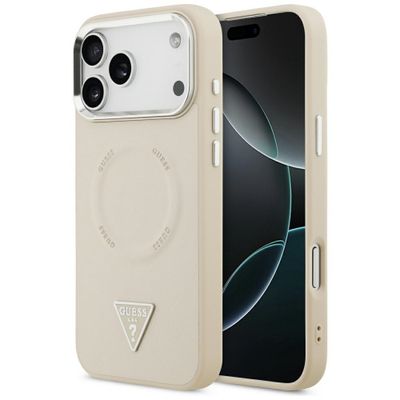 Guess Case Magsafe PU Leather Case s trojuholníkovým logom a strieborným kovovým rámom fotoaparátu pre iPhone 17 Pro Max béžová