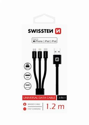 SWISSTEN DÁTOVÝ KÁBEL TEXTILE 3in1 MFi 1,2 M ČIERNY Kábel, nabíjací a synchronizačný, USB 2.0 (M) na micro USB (M), USB-C (M) a Lightning (M), opletený, 1,2m, MFi, čierny