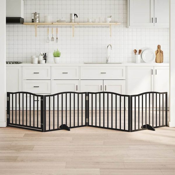 vidaXL Skladacia bránka pre psa s dvierkami, 4 panely, čierna, 320 cm, topoľové drevo