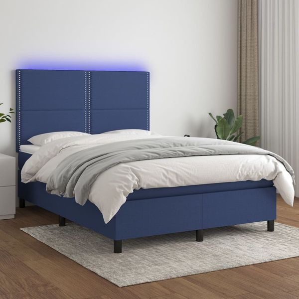 vidaXL Posteľ boxsping s matracom a LED modrá 140x190 cm látka