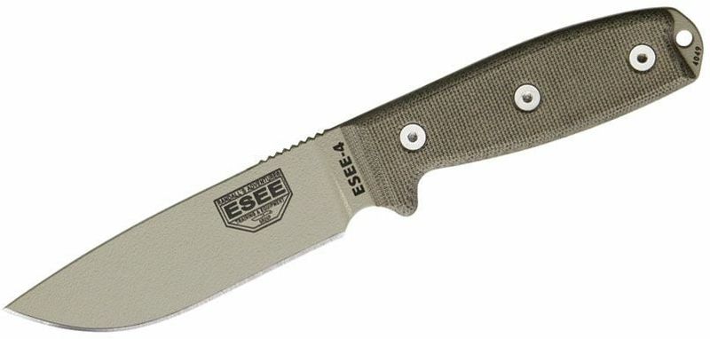 ESEE-4P-DT univerzálny nôž 11,4 cm, pieskovo hnedá, Micarta, pripínacie zelené plastové puzdro