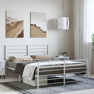 vidaXL Kovový rám postele s čelom a podnožkou biely 135x190 cm