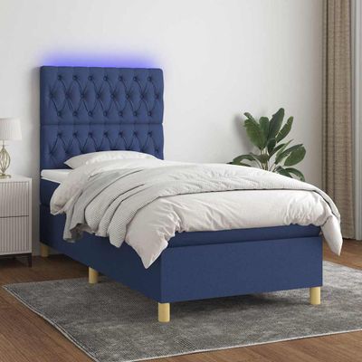 vidaXL Posteľ boxsping s matracom a LED modrá 90x200 cm látka