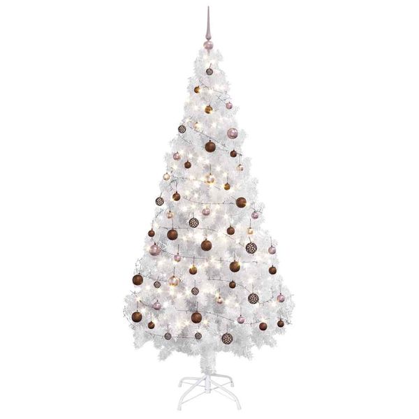 vidaXL Osvetlený umelý vianočný stromček s guľami, biely 180 cm, PVC