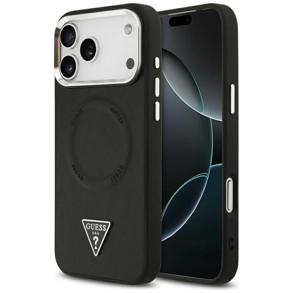 Guess Case Magsafe PU kožené puzdro s trojuholníkovým logom a strieborným kovovým rámom fotoaparátu pre iPhone 17 Pro Čierna