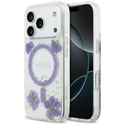 Puzdro Guess Resin Flowers Glitter MagSafe pre iPhone 17 Pro fialové