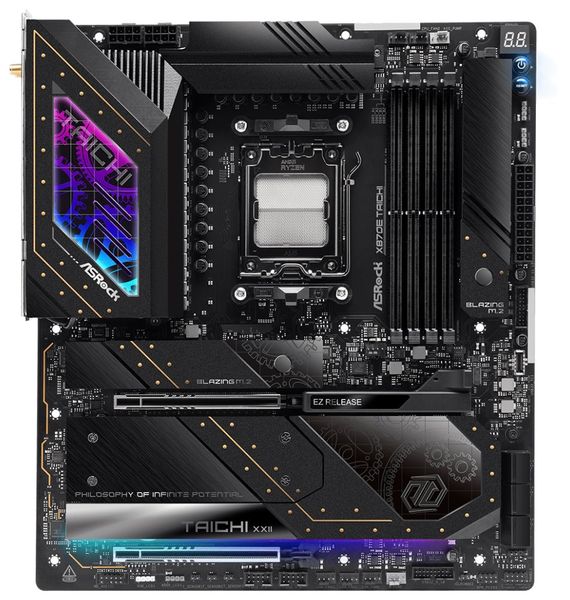 ASRock X870E Taichi / AMD X870E / AM5 / 4x DDR5 DIMM / 4x M.2 / HDMI / USB-C / WiFi / EATX Základná doska, AMD X870E, AM5, 4× DDR5 DIMM (max. 256GB), 4× M.2, HDMI, 2× USB-C, Wi-Fi, E-ATX