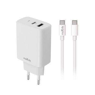 Maxlife MXTC-10-20AC PD QC charger 1x USB-C 1x USB 20W white + USB-C - USB-C cable 20W