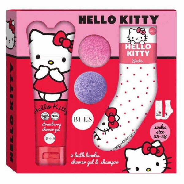 Hello Kitty GIFT SET darčeková súprava šampón a sprchový gél, 2x bomba do kúpeľa, ponožky