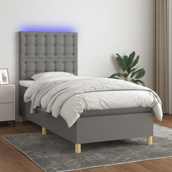 vidaXL Posteľ boxsping s matracom a LED tmavosivá 100x200 cm látka