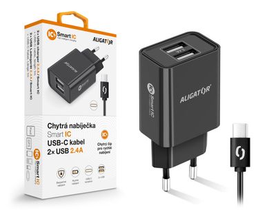 Múdra sieťová nabíjačka ALIGATOR 2,4A, 2xUSB, smart IC, čierna, USB-C kábel
