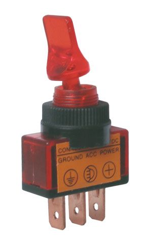 Prepínač páčkový   2pol./3pin  ON-OFF 12VDC prosv. červený