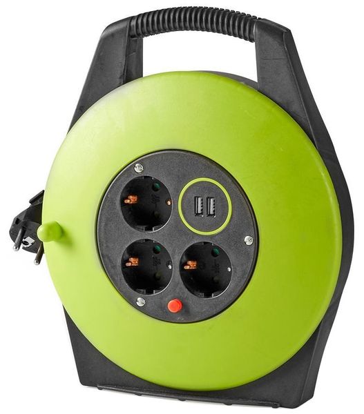 NEDIS kabelový buben/ 3x 1,5 mm2/ 3x zásuvka/ tepelná elektrická pojistka/ Typ F/ USB/ zeleno-černá/ 10 m Kabel, napájecí, prodlužovací, namotávací buben, 3x zásuvka, 2x USB, 10m, zeleno-cerný