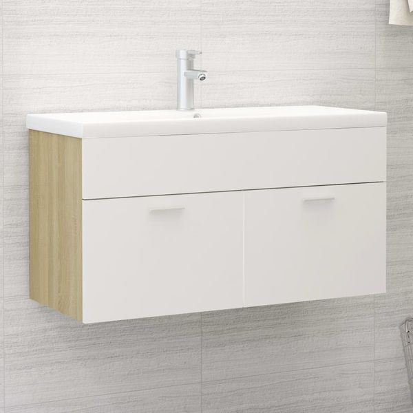 vidaXL Skrinka pod umývadlo biela+sonoma 90x38,5x46cm kompozitné drevo