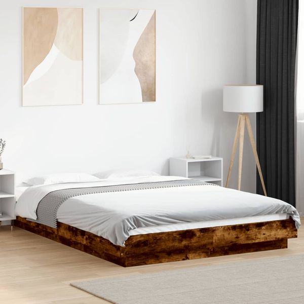vidaXL Posteľný rám s LED svetlami dymový dub 140x200 cm kompoz. drevo