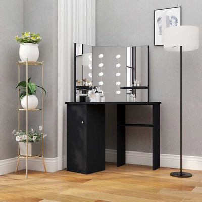 vidaXL Rohový toaletný stolík s LED čierny 111x54x141,5 cm