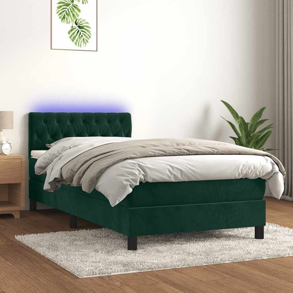 vidaXL Posteľný rám boxsping matrac a LED tmavozelený 90x200 cm zamat