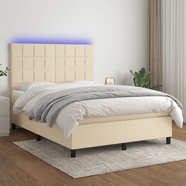 vidaXL Posteľ boxsping s matracom a LED krémová 140x190 cm látka