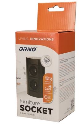 Povrchová zásuvka rohová ORNO OR-AE-1303/B, 2x zásuvka 230V, kábel bez vidlice, čierna