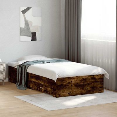 vidaXL Posteľný rám so zásuvkami dymový dub 100x200cm kompozitné drevo