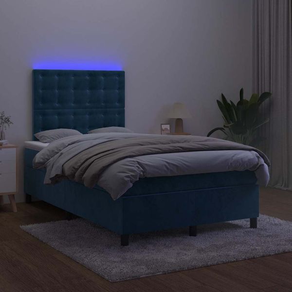 vidaXL Boxspring posteľ s matracom a LED, tmavomodrá 120x190 cm, zamat