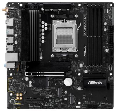 ASRock B850M Pro-A WiFi / AMD B850 / AM5 / 4x DDR5 DIMM / 3x M.2 / HDMI / DP / USB-C / WiFi / mATX Základná doska, AMD B850, AM5, 4× DDR5 DIMM (max. 256GB), 3× M.2, HDMI, DisplayPort, USB-C, Wi-Fi, mATX