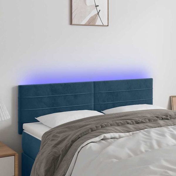 vidaXL Čelo postele s LED tmavomodré 144x5x78/88 cm zamat