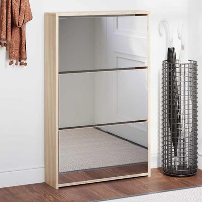 vidaXL Botník s 3 zrkadlovými skrinkami, dubový, 63x17x102,5 cm