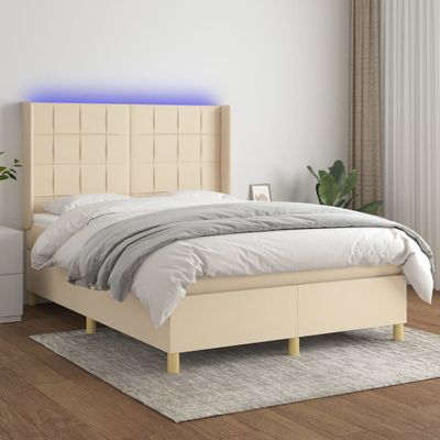 vidaXL Posteľ boxsping s matracom a LED krémová 140x200 cm látka