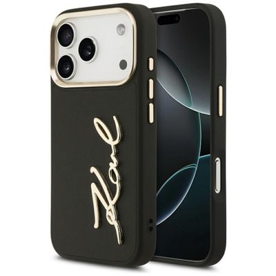 Karl Lagerfeld puzdro PU koža s logom Karl script a kovovými tlačidlami fotoaparátu pre iPhone 17 Pro čierna