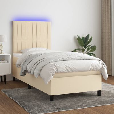 vidaXL Posteľ boxsping s matracom a LED krémová 90x200 cm látka