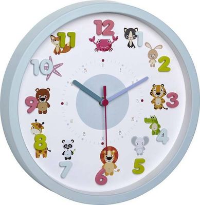 60.3051.14 TFA LITTLE ANIMALS Detské nástenné hodiny, 3D číslice, svetlomodré s motívom zvierat