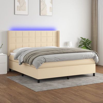 vidaXL Posteľ boxsping s matracom a LED krémová 180x200 cm látka