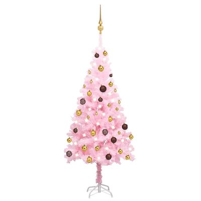 vidaXL Osvetlený umelý vianočný stromček s guľami, ružový 120 cm, PVC
