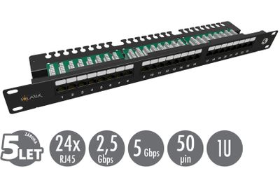 19'' patch panel Solarix 24 x RJ45 CAT5E UTP s vyväzovacou lištou 1U SX24L-5E-UTP-BK-N