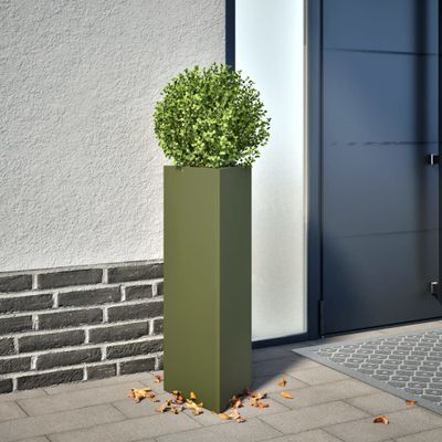 vidaXL Záhradné kvetináče 2 ks olivové trojuholníkové 30x26x75 cm oceľ