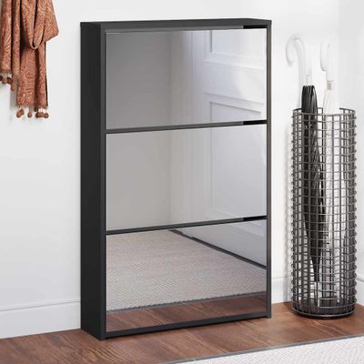 vidaXL Skrinka na topánky so zrkadlom, 3-poschodová, čierna, 63x17x102,5 cm