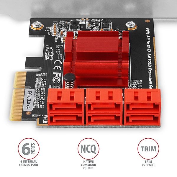 AXAGON PCES-SA6, PCIe riadič - 6x interný SATA 6G port, ASM1166, SP & LP Radic, PCIe x2, 6x interný SATA III, cipset ASMedia ASM1166, vrátane low profile záslepky