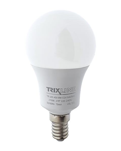 LED žiarovka Trixline 8W E14 A50 teplá biela