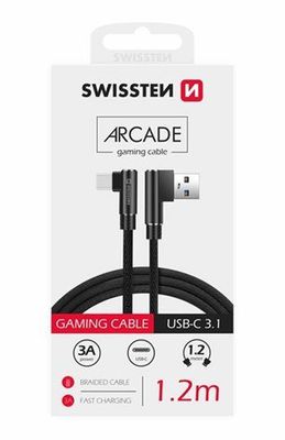 SWISSTEN TEXTILNÝ DÁTOVÝ KÁBEL ARCADE USB / USB-C 1,2 M ČIERNY Kábel, nabíjací a synchronizačný, USB na USB-C, USB 2.0, 3A, oplettený, uhlový tvar konektora, 1,2m, čierny