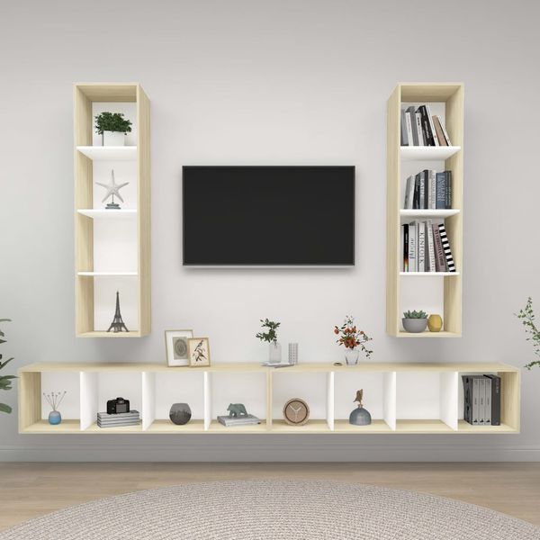 vidaXL Nástenné TV skrinky 4 ks, biela a dub sonoma, kompozitné drevo