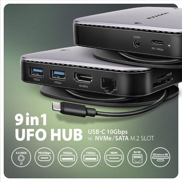 AXAGON HMC‑UFO, USB 10Gbps hub, 2x USB‑A, USB‑C, HDMI 4k/60, RJ‑45, M.2 slot, SD/mSD, audio, PD